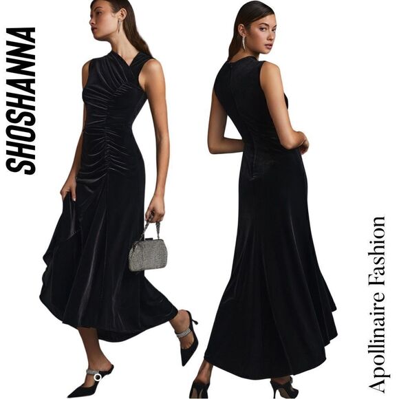 SHOSHANNA FOR ANTHROPOLOGIE RUCHED ASYMMETRICAL BLACK VELVET GOWN NWT SIZE 8 - Picture 7 of 9